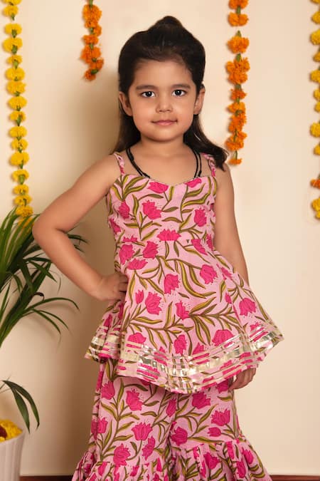 Shop_Pomcha Jaipur_Pink Cotton Embroidery, Gota Patti Bachpan Nazakat Peplum Kurta Sharara Set _Online_at_Aza_Fashions