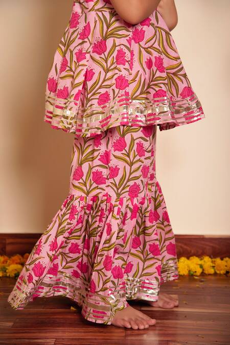 Pomcha Jaipur_Pink Cotton Embroidery, Gota Patti Bachpan Nazakat Peplum Kurta Sharara Set _at_Aza_Fashions