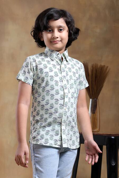 Pomcha Jaipur_Grey Cotton Bachpan Parikshit Block Print Shirt _Online_at_Aza_Fashions