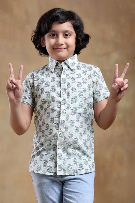 Buy_Pomcha Jaipur_Grey Cotton Bachpan Parikshit Block Print Shirt 