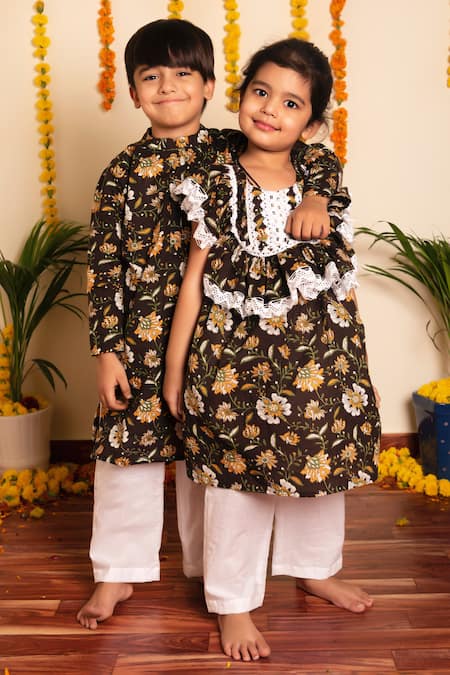Buy_Pomcha Jaipur_Brown Cotton Embroidery Bachpan Roop Rang Anarkali With Pant _Online_at_Aza_Fashions