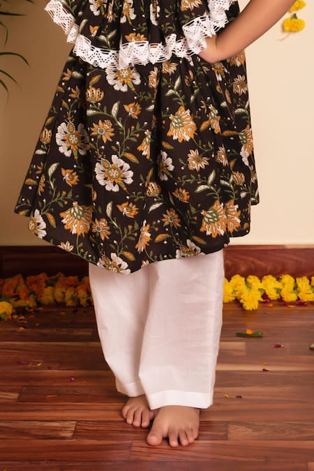 Shop_Pomcha Jaipur_Brown Cotton Embroidery Bachpan Roop Rang Anarkali With Pant _Online_at_Aza_Fashions