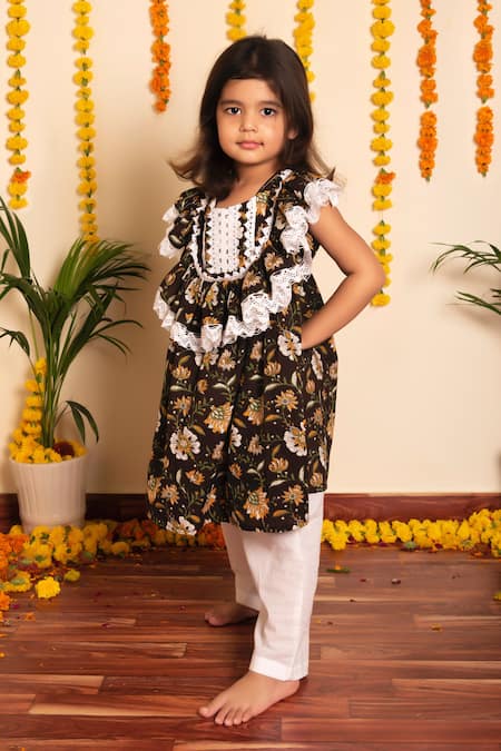 Pomcha Jaipur_Brown Cotton Embroidery Bachpan Roop Rang Anarkali With Pant _at_Aza_Fashions
