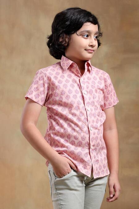 Pomcha Jaipur_Pink Cotton Bachpan Hand Block Printed Shirt _Online_at_Aza_Fashions