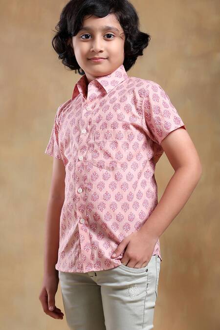 Shop_Pomcha Jaipur_Pink Cotton Bachpan Hand Block Printed Shirt _Online_at_Aza_Fashions