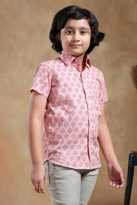 Pomcha Jaipur_Pink Cotton Bachpan Hand Block Printed Shirt _at_Aza_Fashions