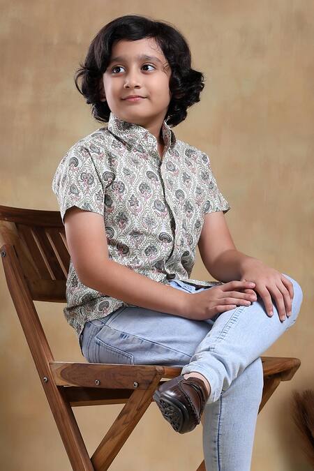 Buy Pomcha Jaipur White Cotton Embroidery Bachpan Sunhera Block Print Shirt Online at Aza Fashions Buy_Pomcha Jaipur_White Cotton Embroidery Bachpan Sunhera Block Print Shirt _Online_at_Aza_Fashions