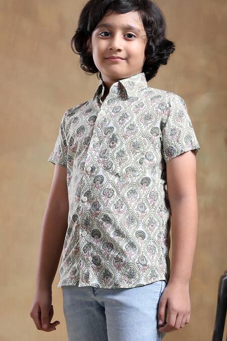 Shop Pomcha Jaipur White Cotton Embroidery Bachpan Sunhera Block Print Shirt Online at Aza Fashions Shop_Pomcha Jaipur_White Cotton Embroidery Bachpan Sunhera Block Print Shirt _Online_at_Aza_Fashions