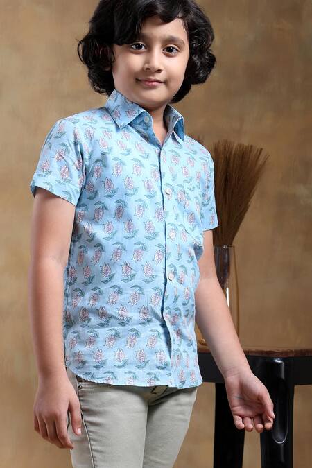 Pomcha Jaipur_Blue Cotton Bachpan Vistaar Block Print Shirt _Online_at_Aza_Fashions