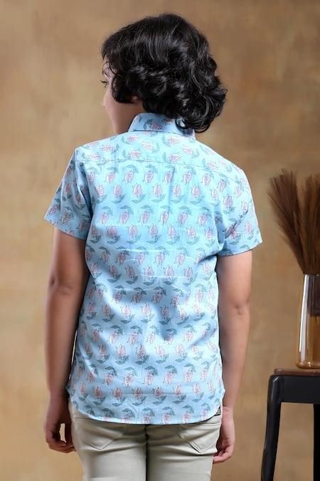Shop Pomcha Jaipur Blue Cotton Bachpan Vistaar Block Print Shirt at Aza Fashions Shop_Pomcha Jaipur_Blue Cotton Bachpan Vistaar Block Print Shirt _at_Aza_Fashions