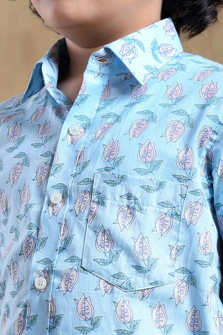 Buy_Pomcha Jaipur_Blue Cotton Bachpan Vistaar Block Print Shirt _Online_at_Aza_Fashions
