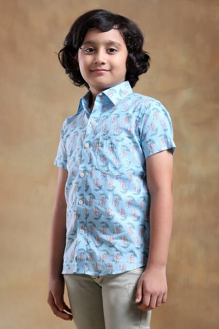 Shop_Pomcha Jaipur_Blue Cotton Bachpan Vistaar Block Print Shirt _Online_at_Aza_Fashions