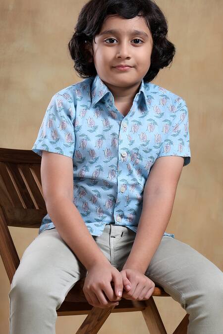 Pomcha Jaipur_Blue Cotton Bachpan Vistaar Block Print Shirt _at_Aza_Fashions