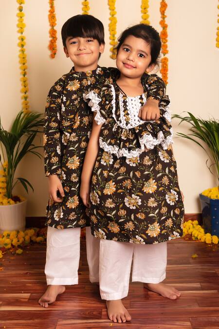 Buy Pomcha Jaipur Brown Cotton Embroidery Roop Rang Hand Block Print Kurta Pant Set Online at Aza Fashions Buy_Pomcha Jaipur_Brown Cotton Embroidery Roop Rang Hand Block Print Kurta Pant Set _Online_at_Aza_Fashions