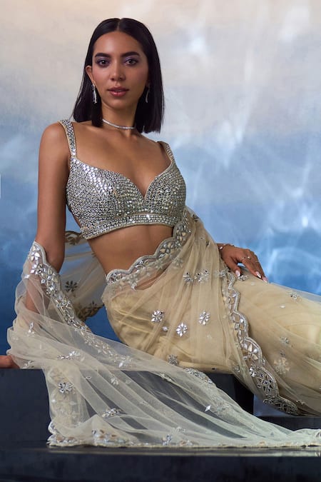 Angad Singh Starburst Floris Embroidered Net Saree Set 