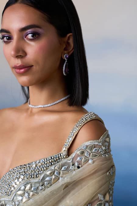 Angad Singh_Gold Net Mirrors, Zari Sweetheart Neck Starburst Floris Embroidered Saree Set _Online_at_Aza_Fashions