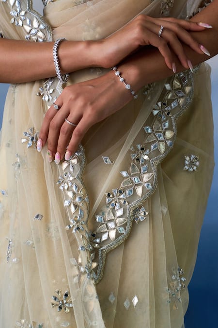 Buy_Angad Singh_Gold Net Mirrors, Zari Sweetheart Neck Starburst Floris Embroidered Saree Set _Online_at_Aza_Fashions