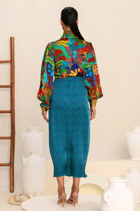 Shop Juhi Bengani Blue Silk Satin Printed Geometric Crimson Draped Skirt at Aza Fashions Shop_Juhi Bengani_Blue Silk Satin Printed Geometric Crimson Draped Skirt_at_Aza_Fashions