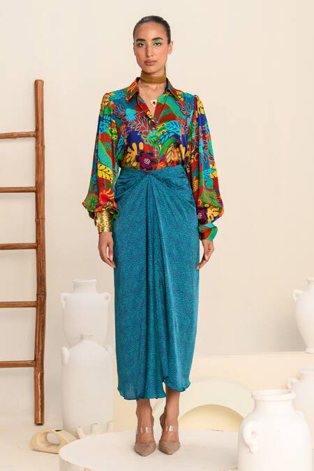 Juhi Bengani Blue Silk Satin Printed Geometric Crimson Draped Skirt Online at Aza Fashions Juhi Bengani_Blue Silk Satin Printed Geometric Crimson Draped Skirt_Online_at_Aza_Fashions