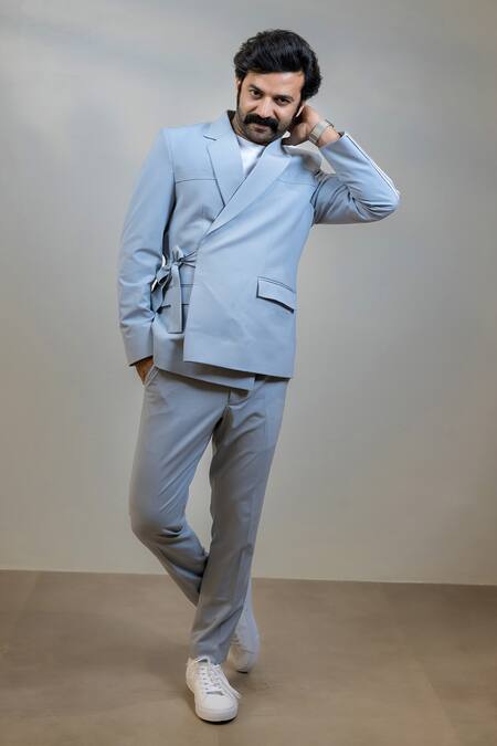 Shop_Hilo Design_Blue Polyester Diurno Solid Blazer With Pant _at_Aza_Fashions