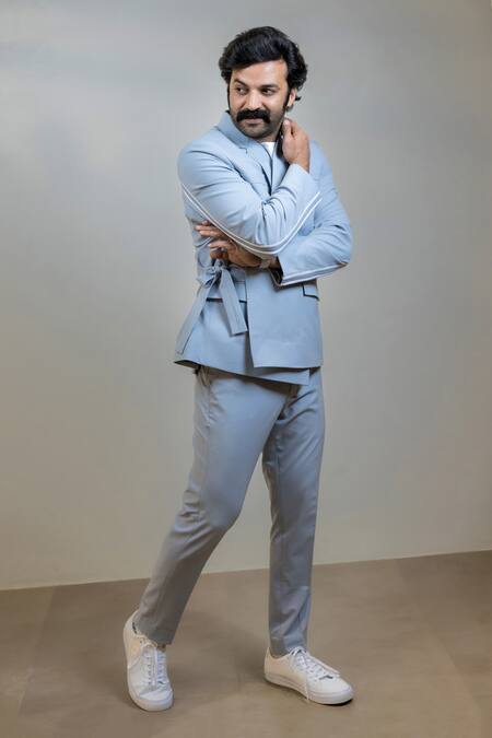 Hilo Design_Blue Polyester Diurno Solid Blazer With Pant _Online_at_Aza_Fashions