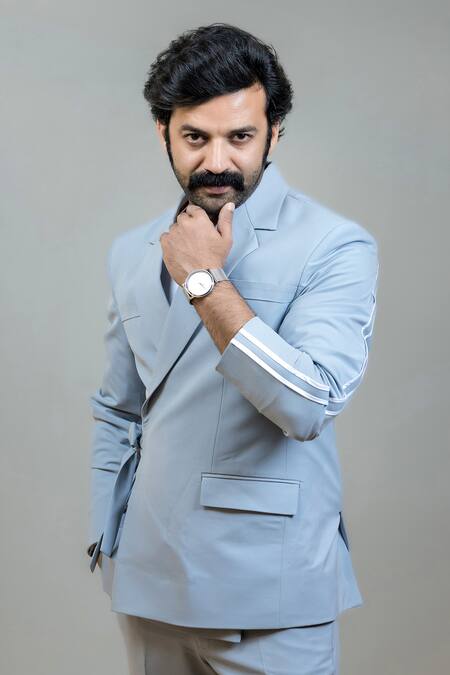 Hilo Design_Blue Polyester Diurno Solid Blazer With Pant _at_Aza_Fashions