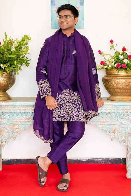 Shop Hilo Design Purple Silk Embroidery Mistico Kurta Pant Set at Aza Fashions Shop_Hilo Design_Purple Silk Embroidery Mistico Kurta Pant Set _at_Aza_Fashions