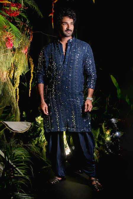 Shop_Hilo Design_Blue Georgette, Cotton Mirrors, Sequins, Embroidery Scrito Kurta Patiyala Set _at_Aza_Fashions