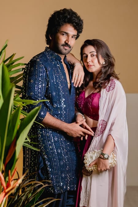 Hilo Design_Blue Georgette, Cotton Mirrors, Sequins, Embroidery Scrito Kurta Patiyala Set _at_Aza_Fashions