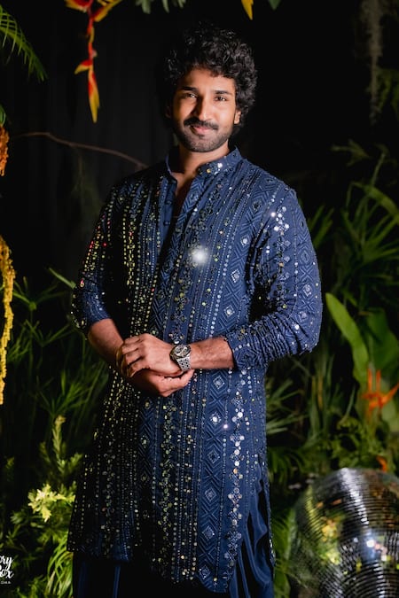 Shop Hilo Design Blue Georgette, Cotton Mirrors, Sequins, Embroidery Scrito Kurta Patiyala Set Shop_Hilo Design_Blue Georgette, Cotton Mirrors, Sequins, Embroidery Scrito Kurta Patiyala Set