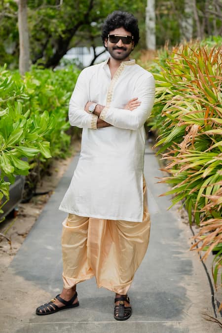 Shop_Hilo Design_Off White Silk Embroidery Mayur Neck Kurta With Dhoti Pant _at_Aza_Fashions