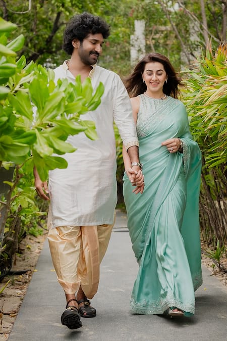 Hilo Design_Off White Silk Embroidery Mayur Neck Kurta With Dhoti Pant _Online_at_Aza_Fashions