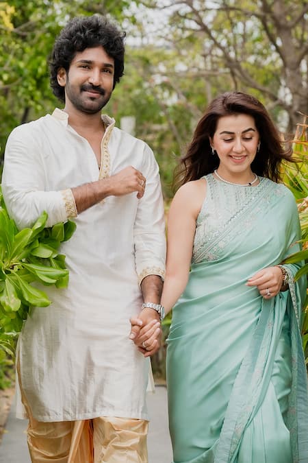 Buy_Hilo Design_Off White Silk Embroidery Mayur Neck Kurta With Dhoti Pant _Online_at_Aza_Fashions