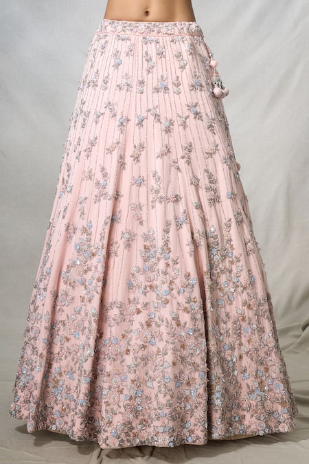 Panihari_Pink Organza Pearls, Sequins, Cut Work Floral Embroidered Lehenga And Blouse Set _Online_at_Aza_Fashions
