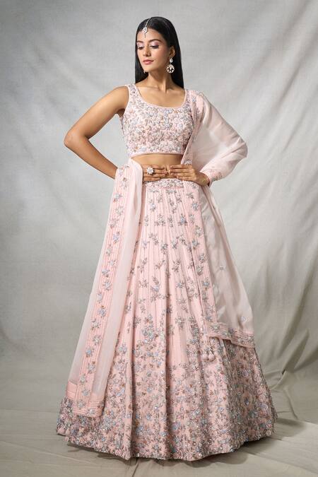 Buy_Panihari_Pink Organza Pearls, Sequins, Cut Work Floral Embroidered Lehenga And Blouse Set _Online_at_Aza_Fashions