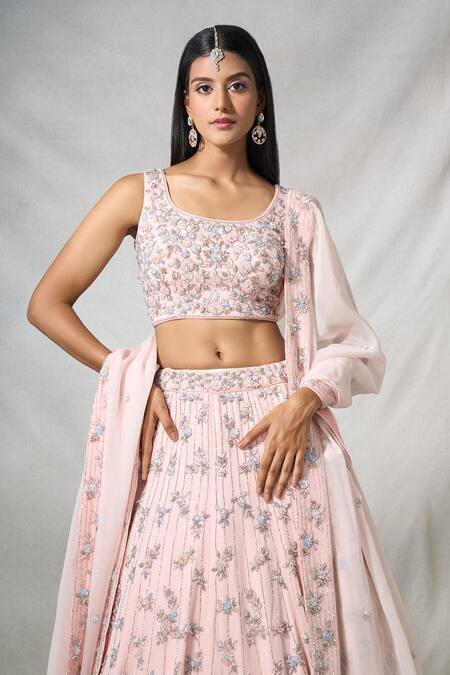 Shop_Panihari_Pink Organza Pearls, Sequins, Cut Work Floral Embroidered Lehenga And Blouse Set _Online_at_Aza_Fashions