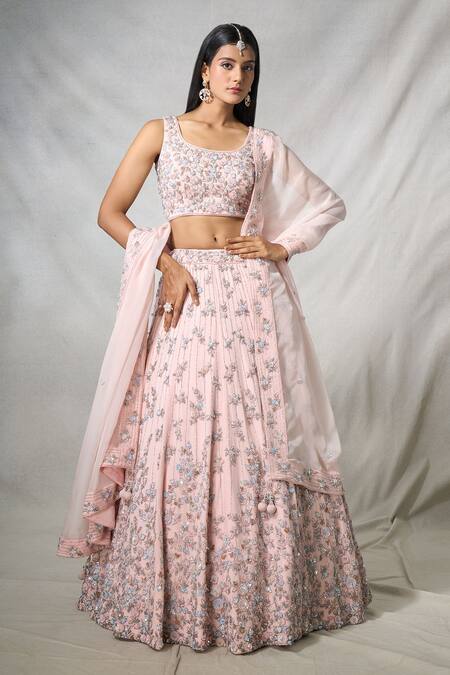 Buy_Panihari_Pink Organza Pearls, Sequins, Cut Work Floral Embroidered Lehenga And Blouse Set 