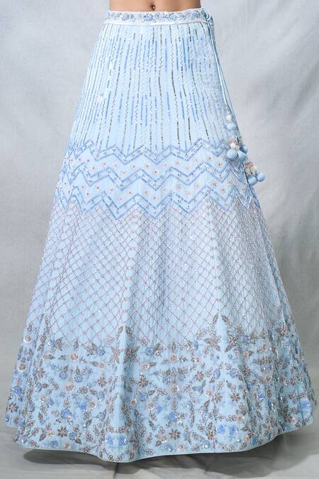 Panihari_Blue Organza Cut Work, Sequins, Beads, Pearls Geometric Embroidered Lehenga Set _Online_at_Aza_Fashions
