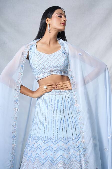Shop_Panihari_Blue Organza Cut Work, Sequins, Beads, Pearls Geometric Embroidered Lehenga Set _Online_at_Aza_Fashions
