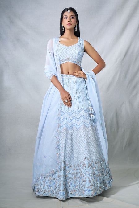 PANIHARI Blue Organza Embroidered Sequin Sweetheart Geometric Lehenga Set