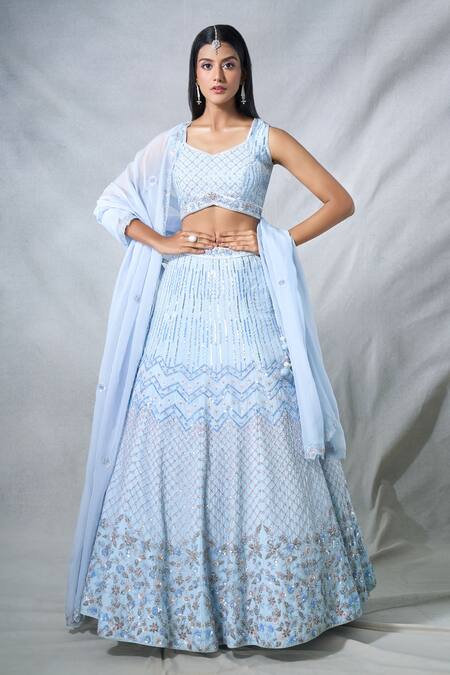 Buy_Panihari_Blue Organza Cut Work, Sequins, Beads, Pearls Geometric Embroidered Lehenga Set 