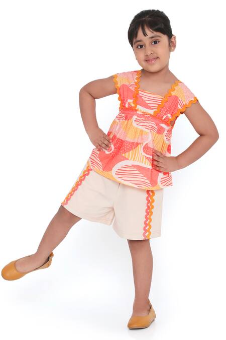 Miko Lolo_Pink Organic Cotton Printed Abstract Candy Escape Top With Shorts_Online_at_Aza_Fashions