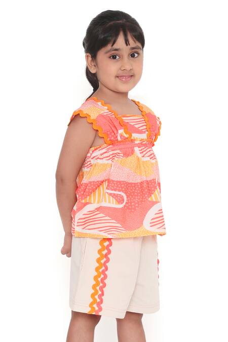 Shop_Miko Lolo_Pink Organic Cotton Printed Abstract Candy Escape Top With Shorts_Online_at_Aza_Fashions