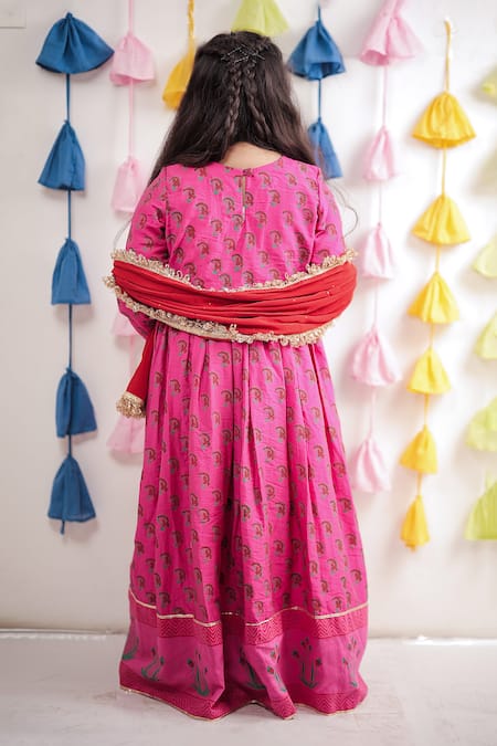 Shop Tiny Colour Pink Chanderi, Cotton, Muslin Paisley Block Print Anarkali With Dupatta at Aza Fashions Shop_Tiny Colour_Pink Chanderi, Cotton, Muslin Paisley Block Print Anarkali With Dupatta _at_Aza_Fashions