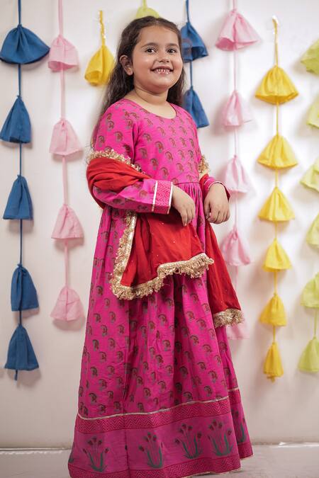 Shop Tiny Colour Pink Chanderi, Cotton, Muslin Paisley Block Print Anarkali With Dupatta Online at Aza Fashions Shop_Tiny Colour_Pink Chanderi, Cotton, Muslin Paisley Block Print Anarkali With Dupatta _Online_at_Aza_Fashions