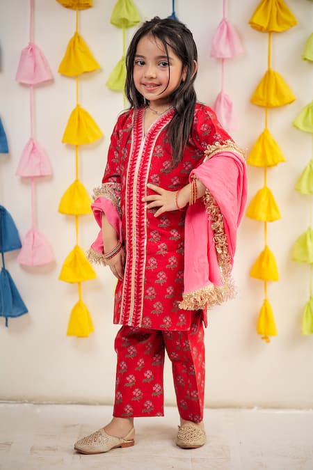 TINY COLOUR Red Kurta Chanderi Block Print Floral Hand Set 