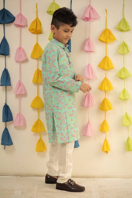 Buy Tiny Colour Blue Muslin, Cotton Floral Hand Block Print Kurta With Pyjama Buy_Tiny Colour_Blue Muslin, Cotton Floral Hand Block Print Kurta With Pyjama