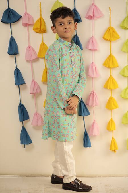 Shop Tiny Colour Blue Muslin, Cotton Floral Hand Block Print Kurta With Pyjama Shop_Tiny Colour_Blue Muslin, Cotton Floral Hand Block Print Kurta With Pyjama