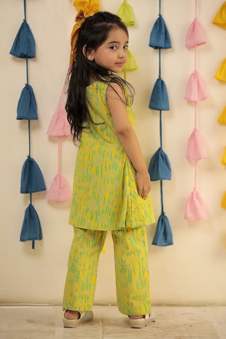 Shop Tiny Colour Yellow Cotton Block Printed Kurta And Pant Co-ord Set at Aza Fashions Shop_Tiny Colour_Yellow Cotton Block Printed Kurta And Pant Co-ord Set _at_Aza_Fashions