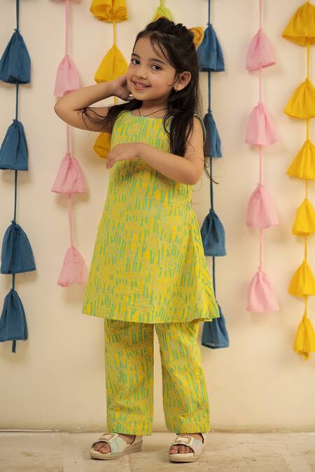 Shop Tiny Colour Yellow Cotton Block Printed Kurta And Pant Co-ord Set Online at Aza Fashions Shop_Tiny Colour_Yellow Cotton Block Printed Kurta And Pant Co-ord Set _Online_at_Aza_Fashions